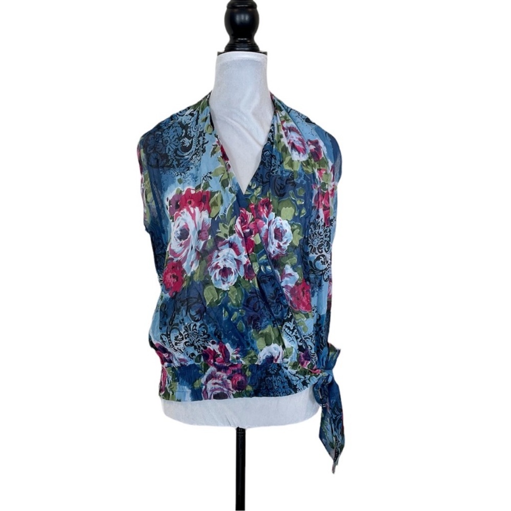 NWT ETC 100% cotton floral sleeveless faux wrap pullover top blouse size large